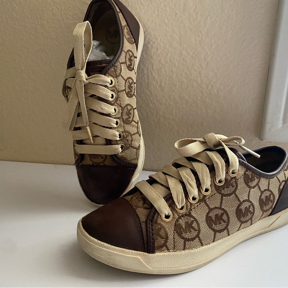 Michael Kors Logo Canvas Sneakers in Brown and Cream